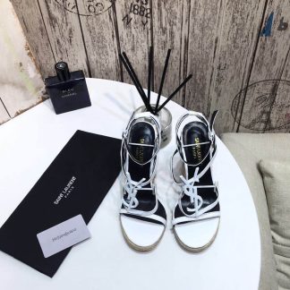 Ysl CASSANDRA logo buckle high heel wedge straw woven leather sandals