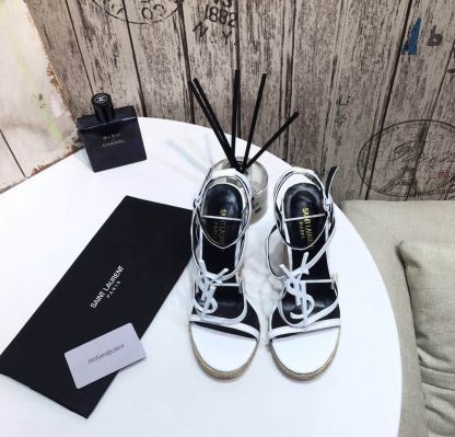 Ysl CASSANDRA logo buckle high heel wedge straw woven leather sandals
