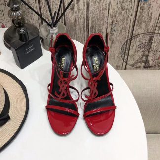 YSL Bright Red Logo Letter Metal Buckle Decorative High Heel Sandals