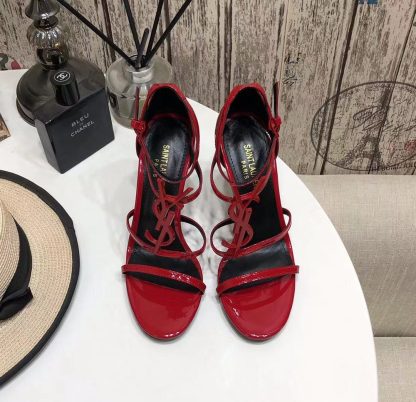 YSL Bright Red Logo Letter Metal Buckle Decorative High Heel Sandals