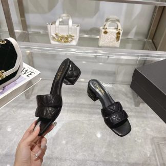 Chanel Spring/Summer New Classic Black Mixed Lambskin Sandals Heel Height 5cm
