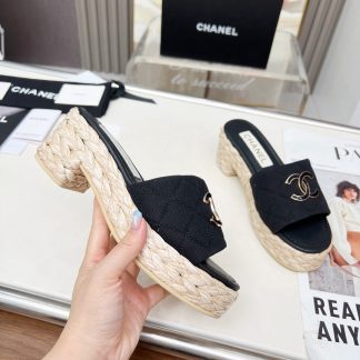 Chanel denim black spring and summer dancing shoes series slimming sandals with a heel height of 6.5cm