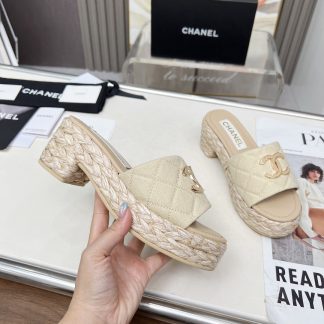 Chanel denim apricot spring and summer dancing shoes series slimming sandals with a heel height of 6.5cm