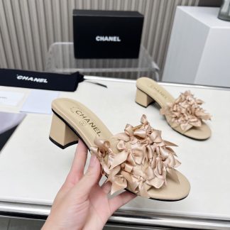 Chanel Spring/Summer Dancing Shoes Collection Slim Custom Flower Apricot Chunky Heel Sandals Heel Height 5cm