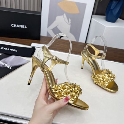 Chanel Spring and Summer Dance Shoes Series New Gold Stiletto Custom Flower Sandals Heel Height 8.5cm