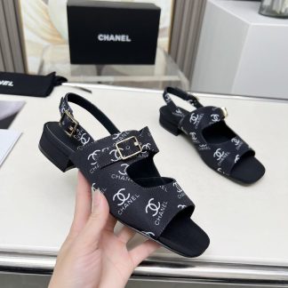 Chanel Spring and Summer Dance Shoes Series New Black Chunky Heel White Printed Sandals Heel Height 2cm