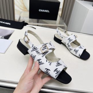 Chanel Spring and Summer Dance Shoes Series New White Chunky Heel Black Print Sandals Heel Height 2cm