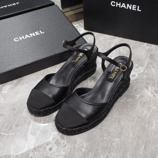 Chanel black hemp rope outsole wedge heel fashionable sandals heel height 7cm