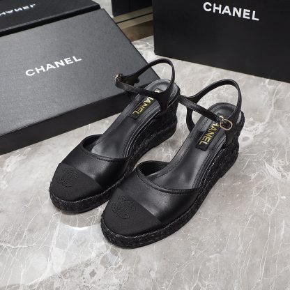 Chanel black hemp rope outsole wedge heel fashionable sandals heel height 7cm