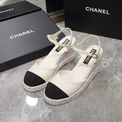 Chanel beige contrast color hemp rope wedge heel fashionable sandals heel height 7cm