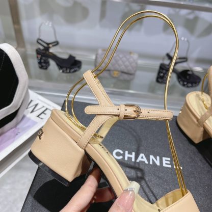 Chanel Early Spring Small Round Toe Slimming and Heightening Apricot Block Heel Sandals Heel Height 4.5cm