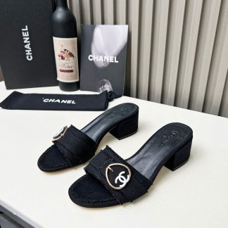 Chanel black elegant lady temperament durable thick heel sandals