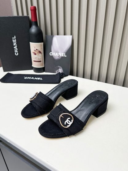 Chanel black elegant lady temperament durable thick heel sandals