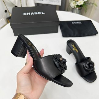 Chanel New Camellia Black Fabric Lambskin Sandals