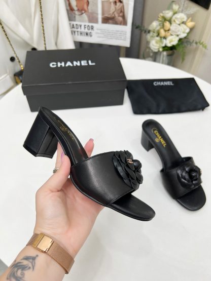 Chanel New Camellia Black Fabric Lambskin Sandals