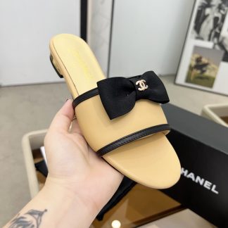Chanel Spring and Summer Apricot Color with Cute Bow Flat Sandals