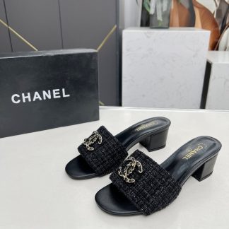Chanel 2025 new black fabric sheepskin thick heel sandals