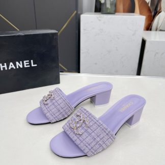 Chanel 2025 new purple fabric sheepskin thick heel sandals