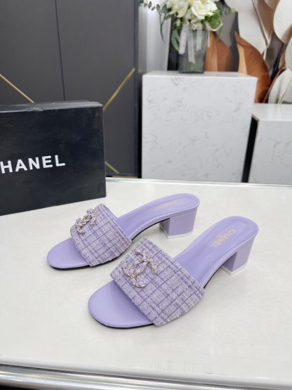 Chanel 2025 new purple fabric sheepskin thick heel sandals