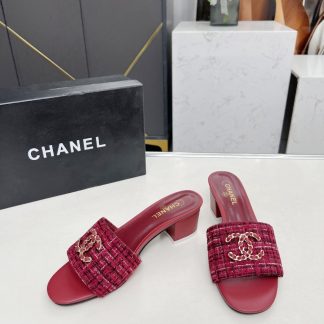 Chanel 2025 new red fabric sheepskin thick heel sandals