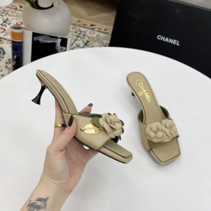 Chanel Spring and Summer Dancing Shoes Series Apricot Small Square Toe Camellia Stiletto Fashion Sandals