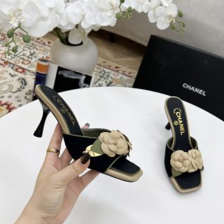 Chanel Spring and Summer Dancing Shoes Series Black Small Square Toe Camellia Stiletto Fashion Sandals