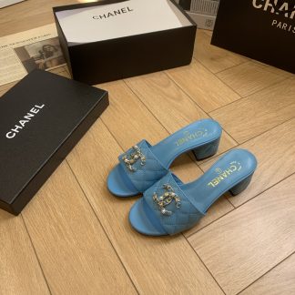 Chanel's new blue spring and summer style, elegant and durable thick-heeled sandals, heel height 4.5cm