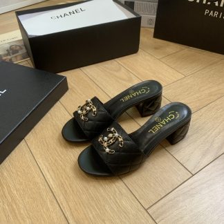Chanel's new black spring and summer style celebrity temperament durable thick heel sandals heel height 4.5cm
