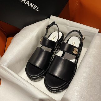 Chanel new bow high-heeled black sandals, heel height 7.5cm