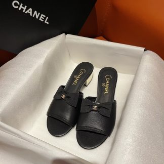 Chanel black new bow thick heel sandals heel height 4.5cm
