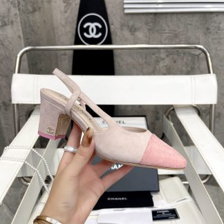 Chanel thick heel square toe color matching light pink all-match high heel sandals