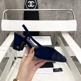 Chanel thick heel square toe color matching dark blue all-match high heel sandals