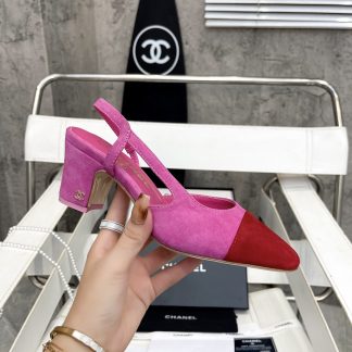 Chanel thick heel square toe color matching dark pink with red all-match high heel sandals