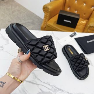 Chanel Spring and Summer Electric Embroidered Diamond-patterned Platform Black Sandals