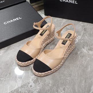 Chanel apricot hemp rope contrast color outsole wedge heel fashionable sandals heel height 7cm
