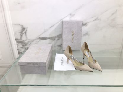 Jimmy Choo black suede high heels with diamond chain decoration