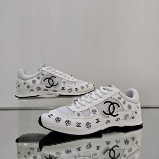 Chanel unisex white and black diamond-patterned breathable mesh casual shoes