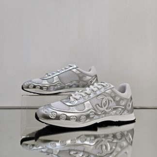 Chanel unisex white and silver diamond-patterned breathable mesh casual shoes