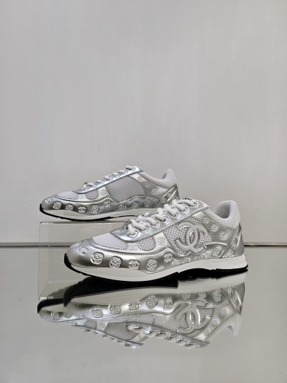 Chanel unisex white and silver diamond-patterned breathable mesh casual shoes