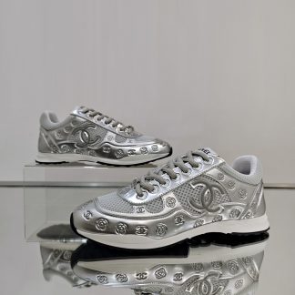 Chanel Unisex Silver Grey Diamond Breathable Mesh Casual Shoes