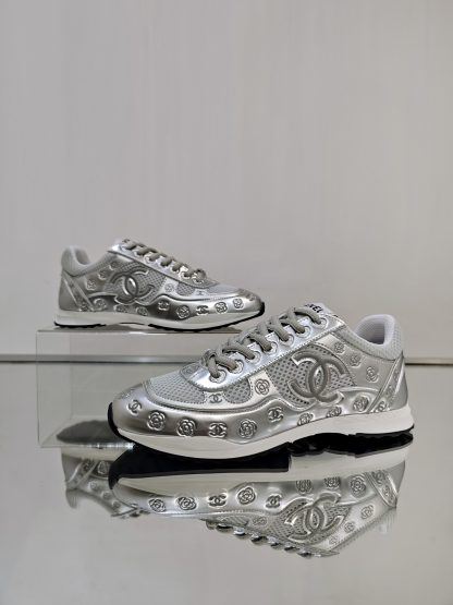 Chanel Unisex Silver Grey Diamond Breathable Mesh Casual Shoes