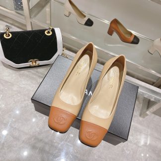 Chanel new beige classic retro classic round toe shoes heel height 6.5cm
