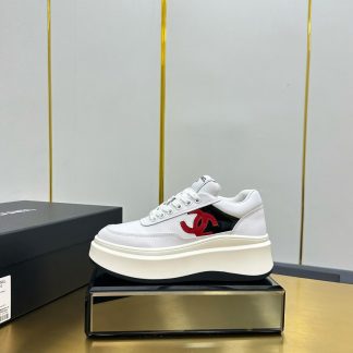 Chanel white with red logo casual versatile sneakers