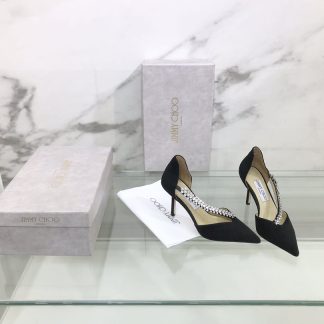 Jimmy Choo black suede leather pumps with rhinestone chain