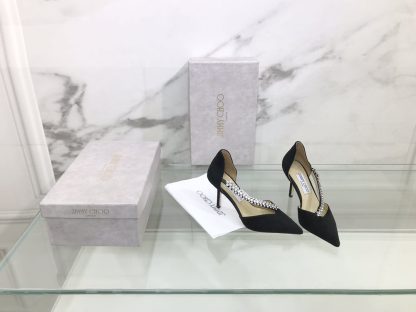 Jimmy Choo black suede leather pumps with rhinestone chain