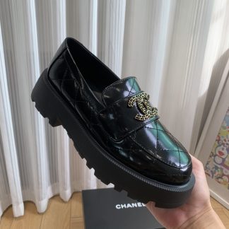 Chanel autumn and winter small round head slim retro style black loafers heel height 4.5cm