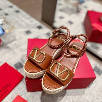 VALENTINO exquisite V-buckle braided hemp rope wedge sandals
