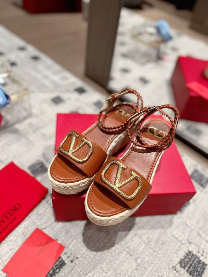 VALENTINO exquisite V-buckle braided hemp rope wedge sandals