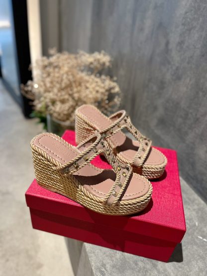 VALENTINO Studded hemp rope wedge sandals