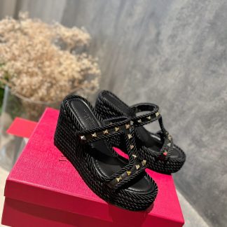 VALENTINO Studded hemp rope wedge sandals